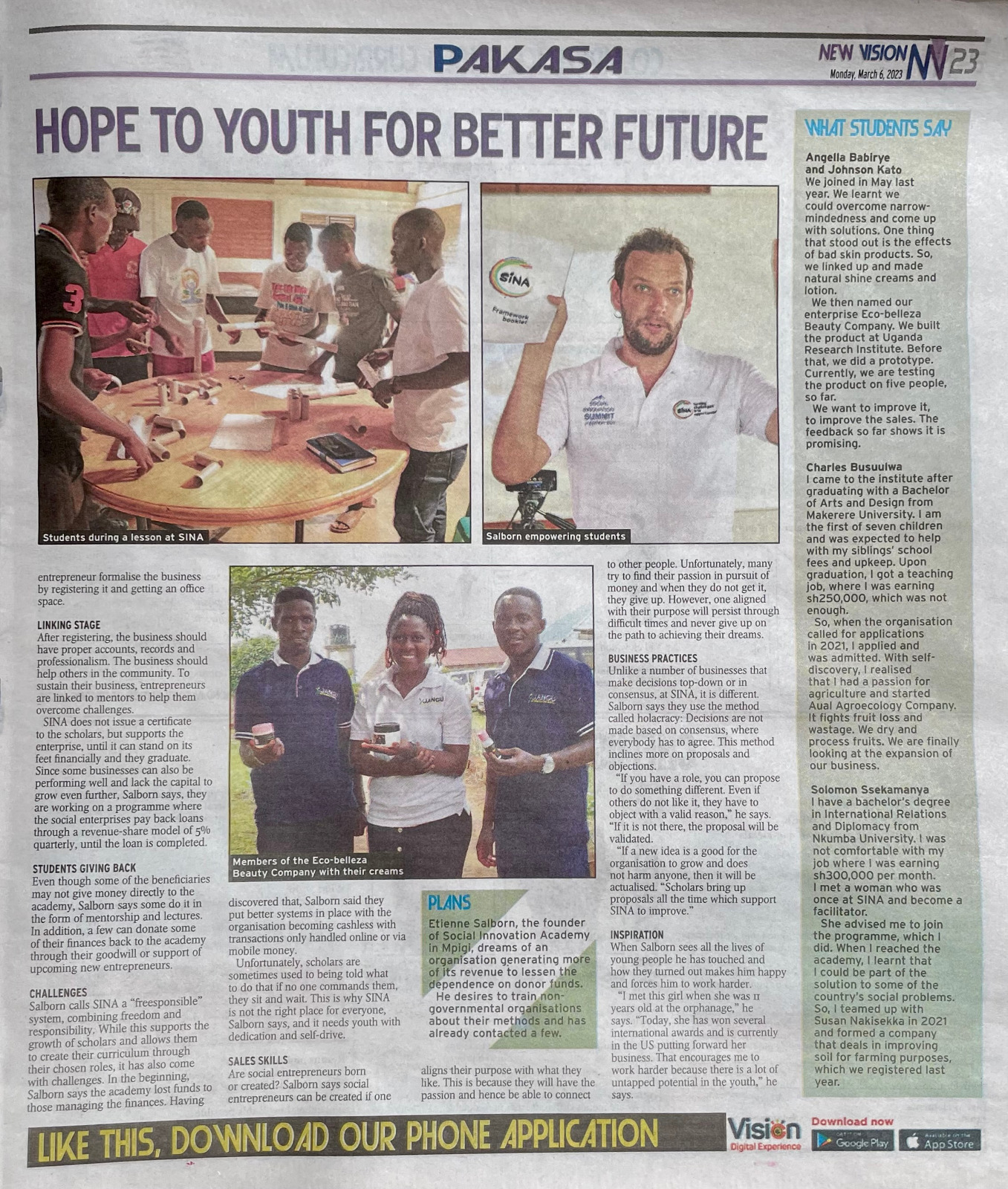 3-page article in the New Vision on SINA and Etienne Salborn - SINA ...